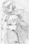  blush bow cirno closed_eyes daiyousei glomp graphite_(medium) greyscale hair_bow happy heart hug monochrome multiple_girls open_mouth short_hair side_ponytail sketch smile spoken_heart surprised surprised_arms touhou traditional_media vent_arbre wings 