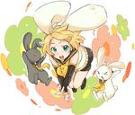  &gt;_&lt; animal_ears aqua_hair blonde_hair bunny bunny_ears closed_eyes detached_sleeves flower hair_flower hair_ornament kagamine_rin sakou_mochi short_hair shorts smile solo vocaloid 