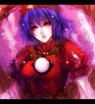  hair_ornament highres leaf_hair_ornament lips mirror purple_hair red_eyes sasaki_ryou snow solo touhou upper_body yasaka_kanako 