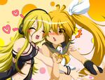  akita_neru blonde_hair blue_eyes blush cable cosplay dr._cryptoso fang flapper_shirt hair_ribbon headphones heart kagamine_rin kagamine_rin_(cosplay) lily_(vocaloid) long_hair multiple_girls ribbon shirt side_ponytail smile tears vocaloid yellow_eyes 