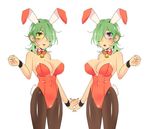  allelujah_haptism animal_ears bad_id bad_pixiv_id bell blue_eyes bunny_ears bunnysuit dual_persona genderswap genderswap_(mtf) green_hair gundam gundam_00 hair_over_one_eye hallelujah_haptism heterochromia multiple_girls pantyhose short_hair teyrapak yellow_eyes 