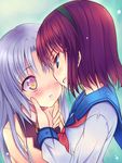  angel_beats! blazer blue_eyes blush chin_grab eye_contact face-to-face green_eyes hairband jacket long_hair looking_at_another multicolored multicolored_eyes multiple_girls panbai purple_eyes purple_hair ribbon school_uniform short_hair silver_hair tenshi_(angel_beats!) yellow_eyes yuri yuri_(angel_beats!) 