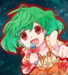 :d bad_id bad_pixiv_id bow face fang green_hair macross macross_frontier makino_(sinobusan) microphone open_mouth pointing ranka_lee red_eyes smile solo 