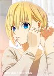  blonde_hair blue_eyes earring_removed earrings face hands highres hunter_x_hunter izuo jewelry kurapika lips male_focus mouth_hold otoko_no_ko putting_on_jewelry solo 