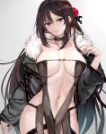  areola_slip areolae bangs black_dress blood blood_from_mouth blood_on_face breasts brown_hair center_opening choker commentary_request consort_yu_(fate) cowboy_shot dress earrings fate/grand_order fate_(series) flower fur-trimmed_jacket fur_collar fur_trim grey_background hair_flower hair_ornament jacket jewelry long_hair looking_at_viewer misako12003 navel nipples open_clothes open_jacket red_eyes revealing_clothes see-through sidelocks simple_background smile solo standing strapless strapless_dress 