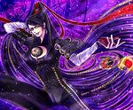  amulet bayonetta bayonetta_(character) black_eyes bodysuit breasts candy cleavage cleavage_cutout earrings elbow_gloves food glasses gloves hair_bun hair_ornament hair_ribbon hand_behind_head jewelry kaoru leg_up lipstick lollipop long_hair makeup medium_breasts mole mole_under_mouth purple purple_hair purple_lipstick ribbon skin_tight solo very_long_hair 