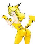  animal_ears ass bad_id bad_pixiv_id blonde_hair curly_hair fangs gen_1_pokemon gloves long_hair looking_back personification pikachu pikachu_ears pokemon pokemon_ears simple_background solo tail white_background xinjing yellow_eyes 