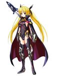  alternate_costume alternate_weapon armor bardiche blonde_hair cape fate_testarossa flat_chest long_hair lyrical_nanoha mahou_shoujo_lyrical_nanoha mahou_shoujo_lyrical_nanoha_a's makacoon navel red_eyes ribs simple_background solo thighhighs twintails weapon 