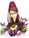  amulet bayonetta bayonetta_(character) black_hair bodysuit breasts bug butterfly cleavage cleavage_cutout cocoa77 crossed_arms earrings elbow_gloves glasses gloves grey_eyes hair_bun hair_ribbon insect jewelry large_breasts lipstick makeup mole mole_under_mouth purple_lipstick ribbon simple_background solo 