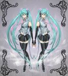  aqua_hair bad_id bad_pixiv_id blue_hair dual_persona elbow_gloves enma_(td002831) fingerless_gloves gloves hatsune_miku headset legs long_hair multiple_girls necktie red_eyes skirt symmetry thighhighs twintails very_long_hair vocaloid 