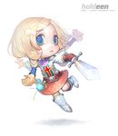  blonde_hair blue_eyes boots braid chibi copyright_request dean_holdeen short_twintails skirt solo sword twintails weapon 