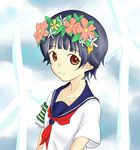  aoi_usagi armband bad_id bad_pixiv_id black_hair brown_eyes face flower hair_flower hair_ornament head_wreath looking_at_viewer sakugawa_school_uniform school_uniform serafuku short_hair smile solo to_aru_kagaku_no_railgun to_aru_majutsu_no_index uiharu_kazari wind_turbine windmill 