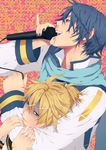  blonde_hair blood blue_eyes blue_hair blue_nails borrowed_garments hair_ornament hairclip highres kagamine_len kaito male_focus microphone multiple_boys music nail_polish nayu nosebleed singing vocaloid yellow_nails 