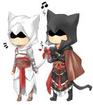  altair_ibn_la-ahad alternate_costume armor_of_altair assassin's_creed assassin's_creed_(series) assassin's_creed_ii cape ezio_auditore_da_firenze hood kaede_rintou male_focus multiple_boys musical_note ribbon scar smile tail time_paradox 