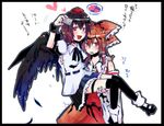  black_hair black_wings blush bow brown_hair camera detached_sleeves geta hair_bow hakurei_reimu hat kona_sleipnir multiple_girls red_eyes self_shot shameimaru_aya short_hair tengu-geta thigh_strap thighhighs tokin_hat touhou translated wings yuri 