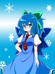  bespectacled blue_eyes blue_hair bow cirno glasses hair_bow highres necktie oborotsuki_kakeru ponytail snowflakes solo touhou wings 