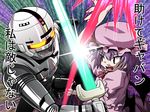  battle crossover futatsuki_hisame gavan glowing glowing_eyes metal_hero remilia_scarlet spear_the_gungnir sword touhou translated uchuu_keiji_gavan weapon 