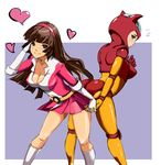  70s aphrodai_a ass-to-ass bad_id bad_pixiv_id blush bodysuit breasts brown_eyes brown_hair cleavage embarrassed gloves hairband heart helmet hime_cut holding_hands large_breasts long_hair mazinger_z mecha_musume multiple_girls oldschool orange_bodysuit personification skirt smile super_robot xinjing yumi_sayaka 