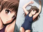  :3 arms_up brown_eyes brown_hair close-up from_above lying mumumu_(road) on_back one-piece_swimsuit original school_swimsuit solo split_screen swimsuit two_side_up wet 