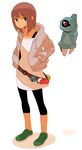  beldum black_eyes brown_hair frown gen_3_pokemon great_ball hands_in_pockets highres hood hoodie lure_ball one-eyed poke_ball poke_ball_(generic) pokemon pokemon_(creature) shoes short_hair standing tomioka_jirou unitard waist_poke_ball 