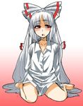  bangs barefoot blush dress_shirt fujiwara_no_mokou gengorou kneeling shirt sketch solo touhou 