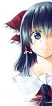  bangs black_hair blue_eyes bow closed_mouth cravat crying crying_with_eyes_open eyebrows_visible_through_hair hair_between_eyes hair_bow hair_tubes hakurei_reimu light_frown red_bow sakuraba_yuuki solo streaming_tears tears touhou upper_body white_background 