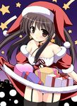  black_hair breasts christmas cleavage copyright_request dress dress_lift gift hat jester_cap long_hair medium_breasts red_eyes santa_costume santa_hat skirt_basket solo strapless strapless_dress thighhighs waiai 