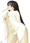  black_eyes black_hair bread breasts copyright_request covered_nipples dress_shirt food food_in_mouth highres long_hair lowleg lowleg_panties medium_breasts mouth_hold no_bra open_clothes open_shirt panties shirt side-tie_panties solo tanaka_takayuki toast toast_in_mouth underwear 