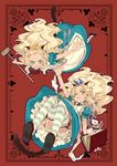  alice_(wonderland) alice_in_wonderland animal_ears annoyed apron blonde_hair bloomers blue_eyes book card card_(medium) cat_ears cat_tail club falling floating_card multiple_girls murasawa_hiroshi one_eye_closed original striped striped_legwear tail thighhighs underwear weapon 