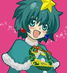  :d artist_request blush christmas copyright_request earrings green_eyes green_hair green_santa_costume hair_ornament jewelry looking_at_viewer lowres oekaki open_mouth pink_background santa_costume short_hair smile solo star star_hair_ornament tree upper_body 