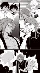  6+boys absurdres arjuna_(fate) arjuna_alter_(fate) ashwatthama_(fate) aura bhima_(fate) commentary dark-skinned_male dark_skin duryodhana_(fate) fate/apocrypha fate/grand_order fate_(series) fighting_stance highres hirunagi holding holding_pillow karna_(fate) multiple_boys open_mouth pillow shaded_face speed_lines 