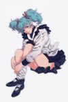  1girl asymmetrical_hair black_bow black_footwear black_skirt blue_eyes blue_hair bow bowtie char&#039;s_counterattack closed_mouth collared_shirt commentary frilled_sailor_collar frills full_body gundam highres hugging_own_legs invisible_chair knees_up long_sleeves looking_at_viewer loose_socks mary_janes pleated_skirt quess_paraya sailor_collar shirt shoes simple_background sitting skirt smile socks solo tsun_(chun_55) turtleneck twintails uneven_twintails white_background white_shirt white_socks 