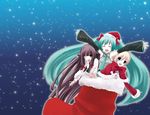 :d ^_^ ^o^ aqua_hair blonde_hair blue_eyes boots brown_hair christmas closed_eyes fummy fur_trim hatsune_miku long_hair looking_at_viewer multiple_girls open_mouth outstretched_arms oversized_object santa_boots santa_costume short_hair sky smile spread_arms star_(sky) starry_sky very_long_hair vocaloid 