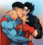  3boys age_difference bara black_hair blurry blurry_background blush cape clark_kent closed_eyes commentary dc_comics english_commentary father_and_son fingerless_gloves french_kiss gloves highres hug idoraad incest jonathan_kent kiss kon-el male_focus multiple_boys muscular muscular_male pectorals red_cape red_gloves short_hair superboy superman superman_(series) tongue tongue_out undercut upper_body yaoi 