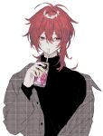 1boy diluc_(genshin_impact) drink drinking drinking_straw drinking_straw_in_mouth genshin_impact grape_juice hair_between_eyes holding holding_drink holding_juice_box juice juice_box long_hair long_sleeves male_focus quartetblue red_eyes red_hair shirt simple_background solo white_background 