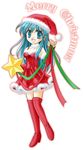  :d bare_shoulders blue_eyes blue_hair boots christmas dress eirika fire_emblem fire_emblem:_seima_no_kouseki full_body hat kneehighs open_mouth santa_costume santa_hat simple_background smile solo standing star thighhighs umejiso white_background 