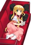  blonde_hair couch from_above green_eyes handheld_game_console hayate_no_gotoku! long_hair looking_at_viewer lying mizuki_makoto nintendo_ds on_side pillow playing_games sanzen'in_nagi school_uniform simple_background solo staring twintails video_game 