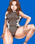  animal_print blue_background breasts brown_eyes brown_hair copyright_request cow_print fishnets large_breasts lips long_hair lowres matoyama nipples oekaki one-piece_swimsuit see-through solo swimsuit 