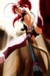  anti-materiel_rifle belt bikini_top elbow_gloves fingerless_gloves fukurou gloves gun long_hair ponytail red_hair rifle scarf short_shorts shorts sniper_rifle solo studded_belt tengen_toppa_gurren_lagann thighhighs weapon yellow_eyes yoko_littner 