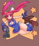  boots breasts cleavage cleavage_cutout curvy gloves gun highres large_breasts original red_hair ryoji_(nomura_ryouji) solo thighhighs thighs twintails upskirt weapon wide_hips 