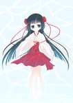  1girl barefoot black_eyes black_hair hakama hakama_short_skirt hakama_skirt japanese_clothes long_hair looking_at_viewer miko nagakura_maki original purple_eyes red_hakama skirt solo standing standing_on_liquid tiptoes water 