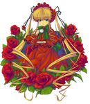  blonde_hair blue_eyes bonnet capelet cup dress flower hair_ribbon holding holding_cup kink lolita_fashion long_hair red_capelet red_dress red_flower red_rose ribbon rose rozen_maiden shinku sidelocks solo teacup twintails very_long_hair 