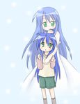  ahoge blue_hair ghost green_eyes hug izumi_kanata izumi_konata long_hair lucky_star mole mole_under_eye multiple_girls sakuramori_sumomo 