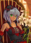  black_gloves breasts chair cleavage cross-laced_clothes dark_skin dress elbow_gloves flower frills gloves gothic green_eyes grey_hair hat kink lily_(flower) medium_breasts mini_hat original parted_lips short_hair solo strap 