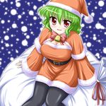  bag bell bococho breasts christmas cleavage curvy from_above green_hair kazami_yuuka large_breasts looking_at_viewer pantyhose red_eyes santa_costume sitting slit_pupils smile solo touhou 
