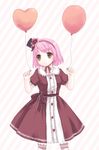  balloon brown_eyes cowboy_shot dress floating hairband hat heart_balloon holding looking_to_the_side original pink_hair puffy_short_sleeves puffy_sleeves red_dress short_hair short_sleeves solo striped striped_background top_hat usashiro_mani 