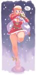  ? bell belt blonde_hair blue_eyes blush breasts christmas cleavage copyright_request covered_nipples curvy directional_arrow dress earrings gloves hat highres holly hooves jewelry large_breasts leg_lift panties pantyshot pantyshot_(standing) red_gloves ryoji_(nomura_ryouji) sack santa_costume santa_hat snowing solo standing star star_earrings thighs translated underwear upskirt white_panties 