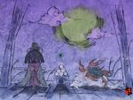  amaterasu food full_moon highres issun kushi mochi moon ookami_(game) wagashi wallpaper wolf 