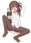  alcohol arima_senne blush bottle brown_hair drunk glasses kashiwamochi_yomogi long_hair open_clothes open_shirt original panties panties_under_pantyhose pantyhose red_eyes sake shirt sitting solo underwear 