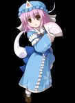  arm_garter blue_dress blush brown_eyes dress eyebrows eyebrows_visible_through_hair eyelashes fan floating folding_fan frills fukaiton full_body ghost hat long_sleeves looking_at_viewer pink_hair saigyouji_yuyuko solo standing touhou triangular_headpiece 